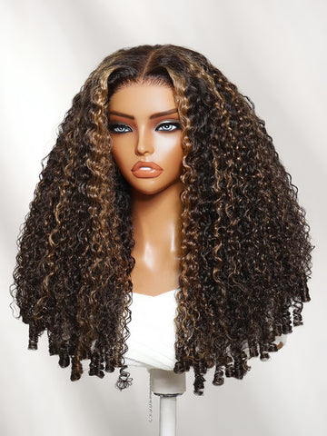 Klaiyi 7x5 Bye Bye Knots Lace Closure Wig Golden Brown Highlight Fluffy Burmese Curly Human Hair with Invisi-Drawstring