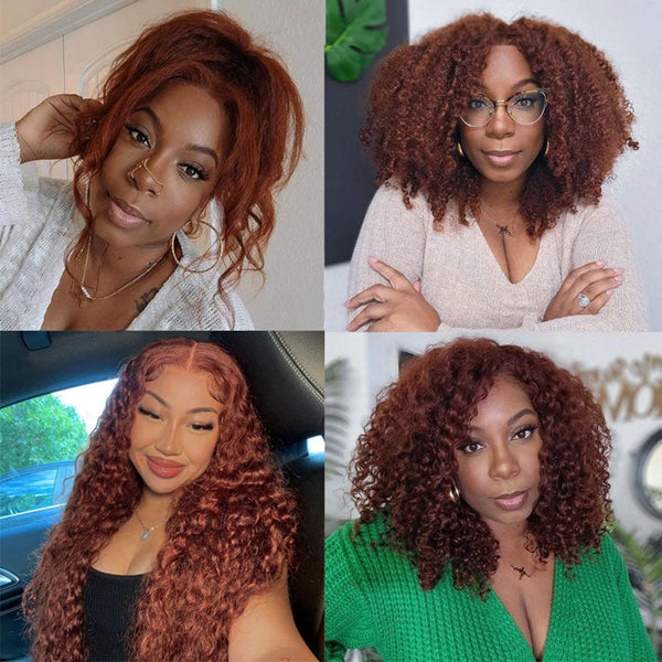 Copy of Klaiyi 70% Off Super Flash Sale Kinky Straight Reddish Brown Jerry Curly Lace Front Wig 150% Density