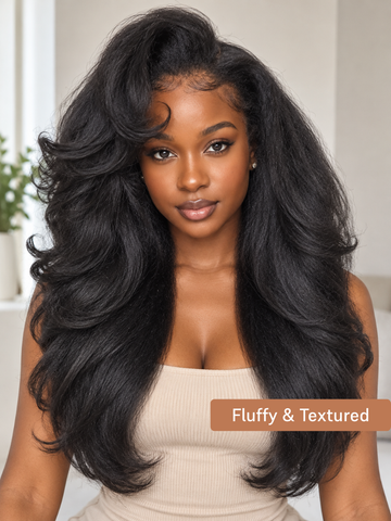 Klaiyi Yaki & Kinky Straight V Part Glueless Wig with Invisi Drawstring & Natural Scalp Look
