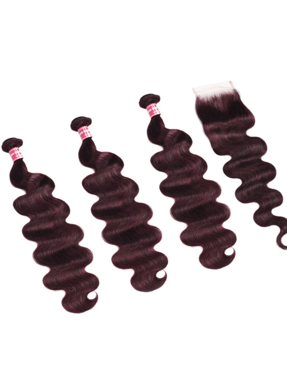 Flash Sale Klaiyi Body Wave Black Cherry Burgundy 3 Bundles With 4x4 Lace Closure 100% Human Hair