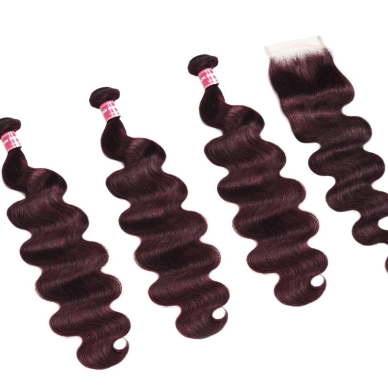 Flash Sale Klaiyi Body Wave Black Cherry Burgundy 3 Bundles With 4x4 Lace Closure 100% Human Hair