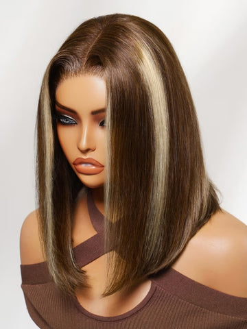 Klaiyi 7x5 No-Slip Lace Closure Glueless Wig Brown With Blonde Face-Framing Highlights Bob Human Hair Wig