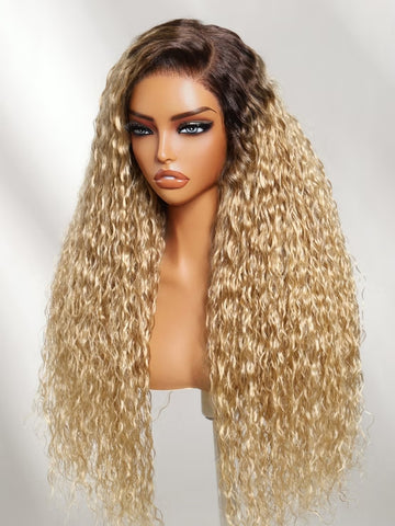 Klaiyi 13x4 No-Slip Glueless Lace Frontal Wig Golden Blonde With Dark Roots Water Wave Human Hair Wigs with Invisi Drawstring