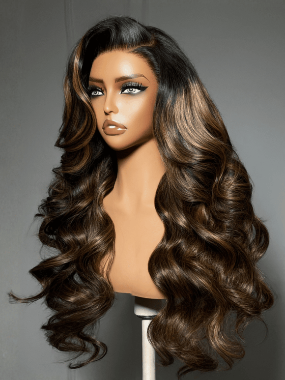 Klaiyi Ombre Brown Balayage Highlight Body Wave 7x5 Bye Bye Knots Wig Precolored Glueless Human Hair Lace Wig