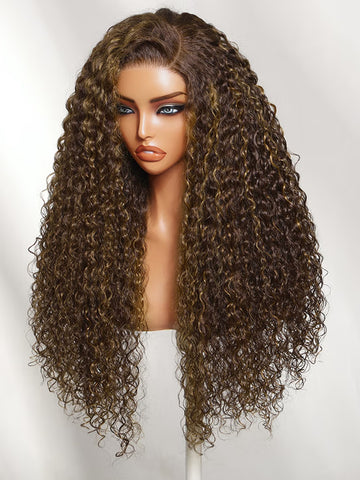 Klaiyi 7x5 No Slip Gluless Lace Closure Wig Chocolate Brown With Caramel Highlights Fluffy Curly Human Hair Wig