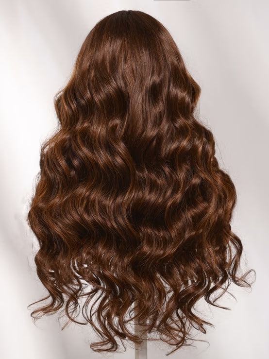 Klaiyi 7x5 No-Slip Glueless Copper Auburn Highlights On Rich Chocolate Brown Body Wave Human Hair Wig Put On & Go with Invisi Drawstring