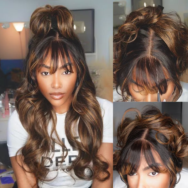 Klaiyi Hair 13x4 Balayage Highlight Wig with Bangs Pre-everything Body Wave Lace Front Human Hair Wigs with Invisi Drawstring Flash Sale