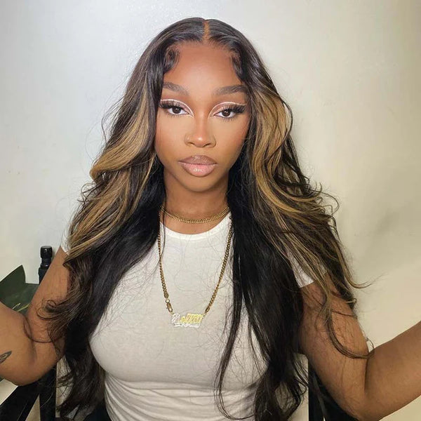 Klaiyi 13x4 Pre everything Glueless Lace Put On and Go Pre-cut Lace  Natural Color With Peek A Boo Blonde Highlights Body Wave Wig Flash Sale