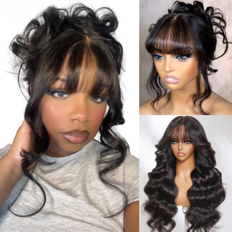 Klaiyi 13x4 Pre-Everything  /7x5 3D Fluffy Body Wave Lace Frontal Wig with Bangs & Layers Pre everything Wigs Human Hair Flash Sale