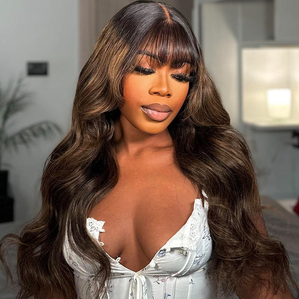 Klaiyi Hair 13x4 Balayage Highlight Wig with Bangs Pre-everything Body Wave Lace Front Human Hair Wigs with Invisi Drawstring