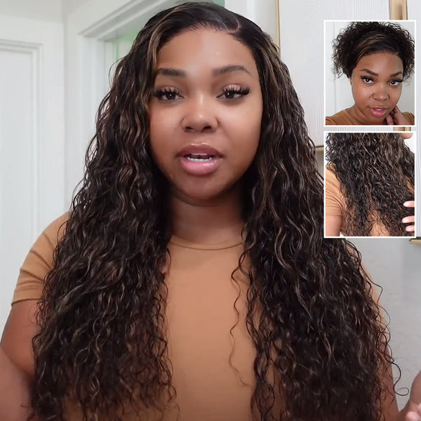Klaiyi 7x5 Golden Brown Highlight Water Wave Bye Bye Knots Lace Closure Wig 150% Density