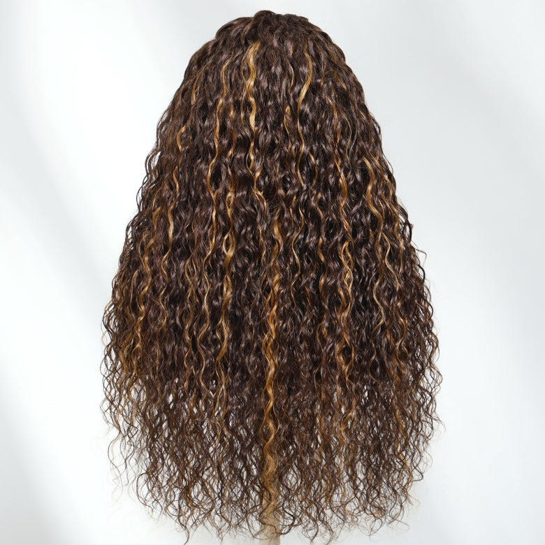 Klaiyi 7x5 Golden Brown Highlight Water Wave Bye Bye Knots Lace Closure Wig 150% Density
