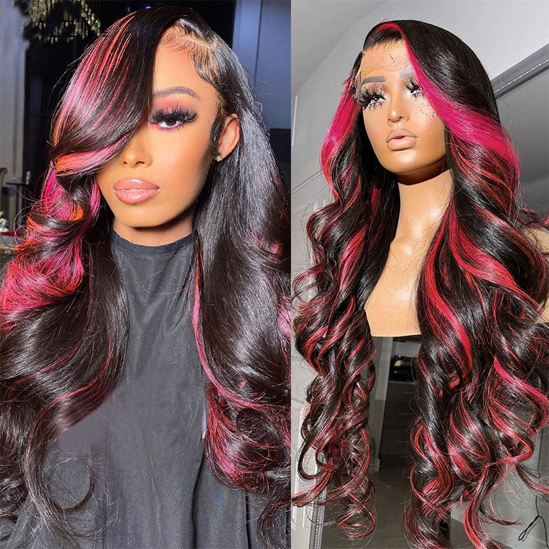 22"=$29.75 by Installment|Klaiyi Ombre Highlight Dark Burgundy with Rose Red 13x4 Transparent Lace Frontal Wig Body Wave Wig Flash Sale