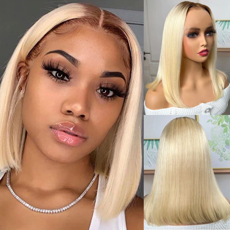 Extra 50% Off Code HALF50 | Klaiyi 13x4 Lace Front Ombre T4/613 Brown Roots Blonde Straight Bob Human Hair Wigs Flash Sale