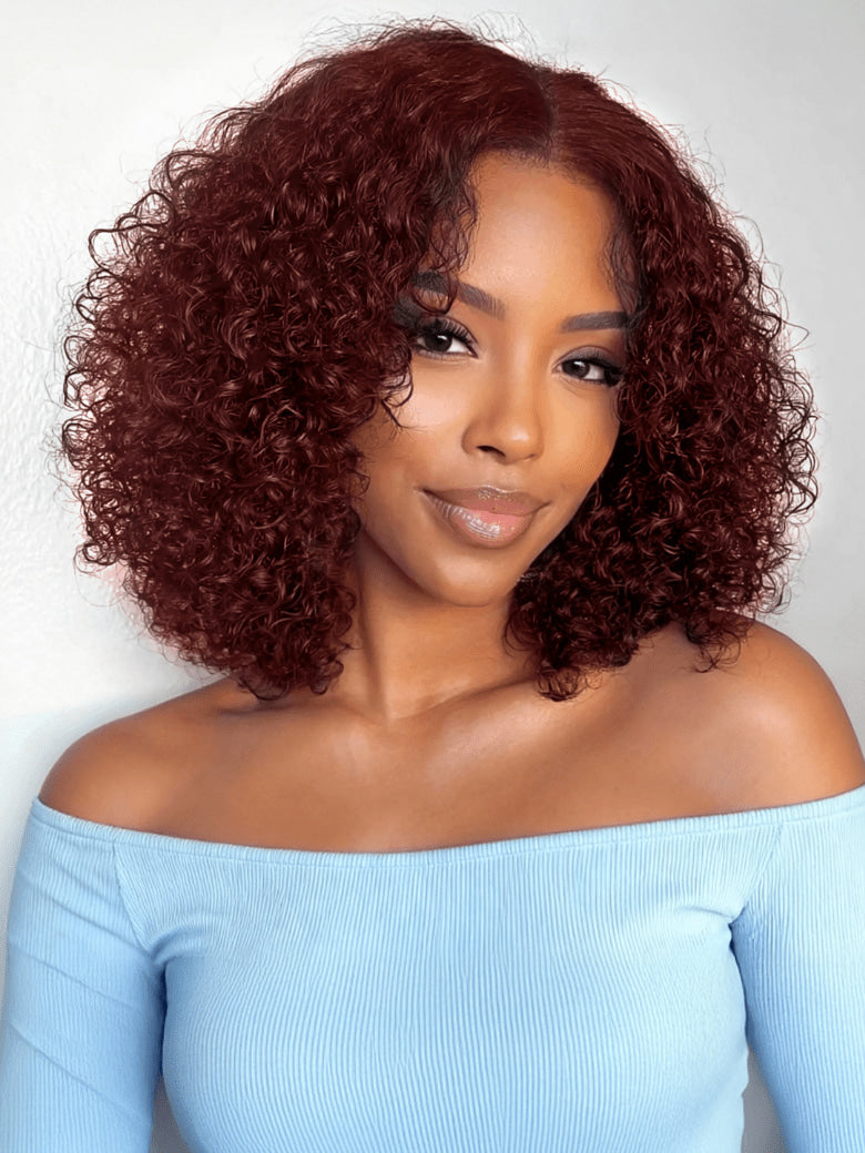 Klaiyi Reddish Brown Jerry Curly 7x5 Bye Bye Knots Human Hair Wig Put On and Go Glueless Lace Wig