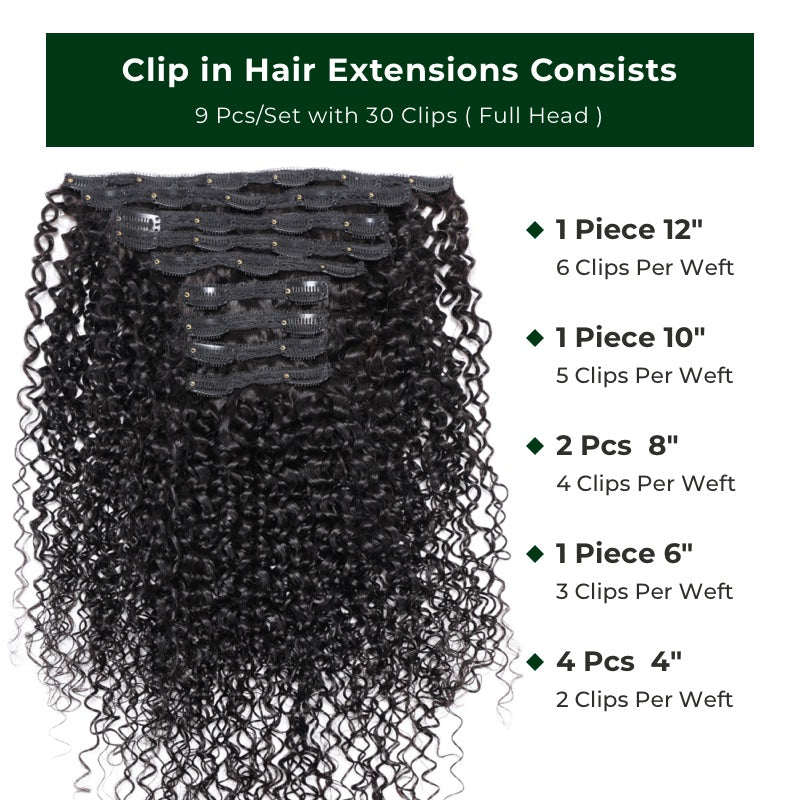 Klaiyi Hair Curly Clip in Human Hair Extension 9 Pcs/Set Full Head Natural Black Ponytail Hair Extensions