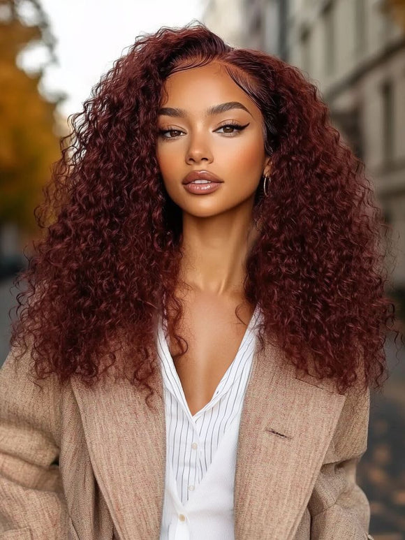 Klaiyi 13x4  Lace Frontal Wig Kinky Curly Auburn Brown Color Flash Sale