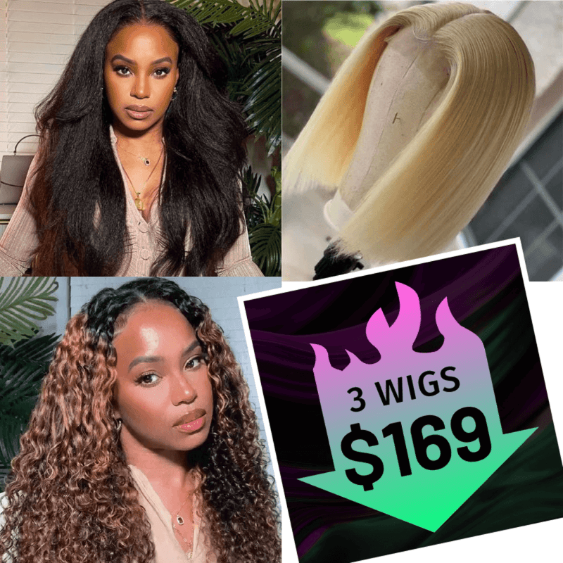 $169 Get 3 Wigs | 4x4 Lace Closure Kinky Straight Wig + 4x4 Lace Closure #613 Bob Wig +180% Density Dark Root Brown Balayage Highlight Jerry Curly Wig Flash Sale