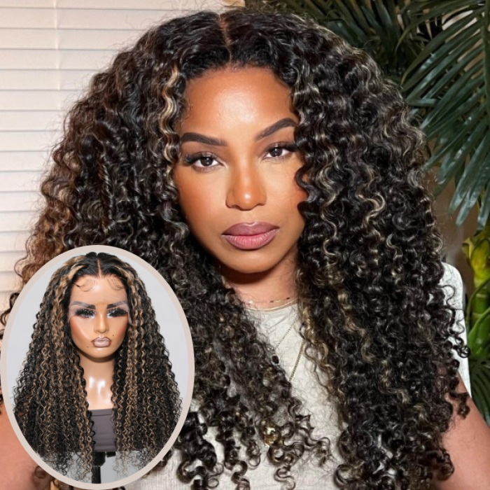 Klaiyi Balayage Blonde Highlights Curly Lace Front Wig Precolored Ombre Hair Flash Sale