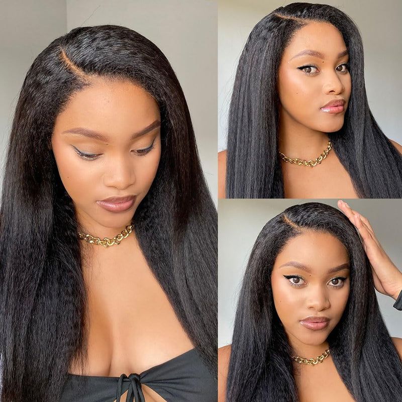 Klaiyi 13x6 Yaki Straight Pre Everything Wig with 4C Kinky Edges Put on & Go Glueless Wig Larger Lace
