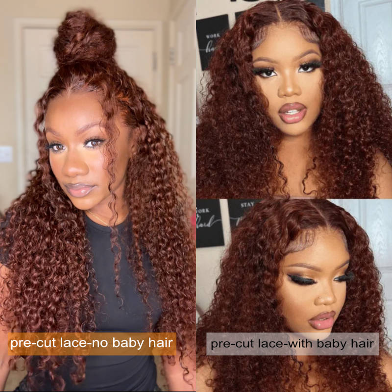 Klaiyi 6x4.75 Pre-Cut Swiss Lace Wig Put On and Go Reddish Brown Color Jerry Curly Flash Sale Bleach Knots