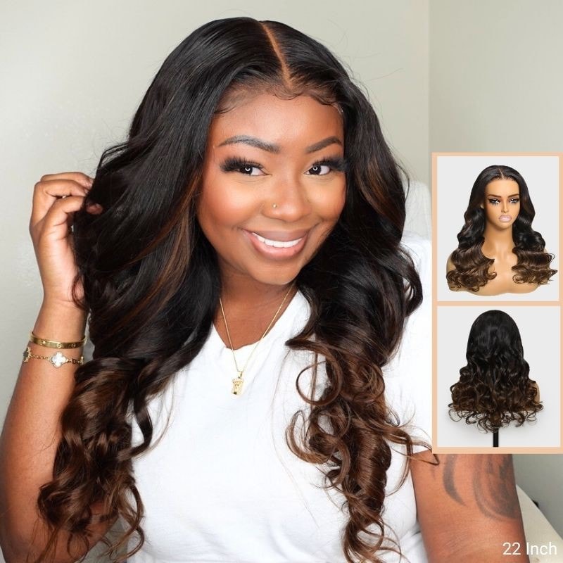 Klaiyi Bye Bye Knots Wig 7x5 Glueless Lace Black to Chestnut Brown Ombre Loose Wave Wig With Bleached Knots Flash Sale