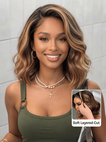 Klaiyi Balayage Brown French Bob Wig Shoulder-Length Loose Curls 7x5 & 13x4 Pre-Everything Glueless Lace with Invisi Drawstring