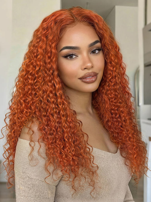 Offre spéciale TikTok LIVE | Perruque Klaiyi 180 % densité, raie en dentelle, 56 cm (22 pouces), couleur gingembre orange, bouclée, cheveux humains, vente flash
