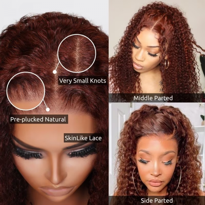 Klaiyi 7x5 Pre-Cut Lace Wig Wear & Go Invisible Knots Reddish Brown Color Jerry Curly Flash Sale