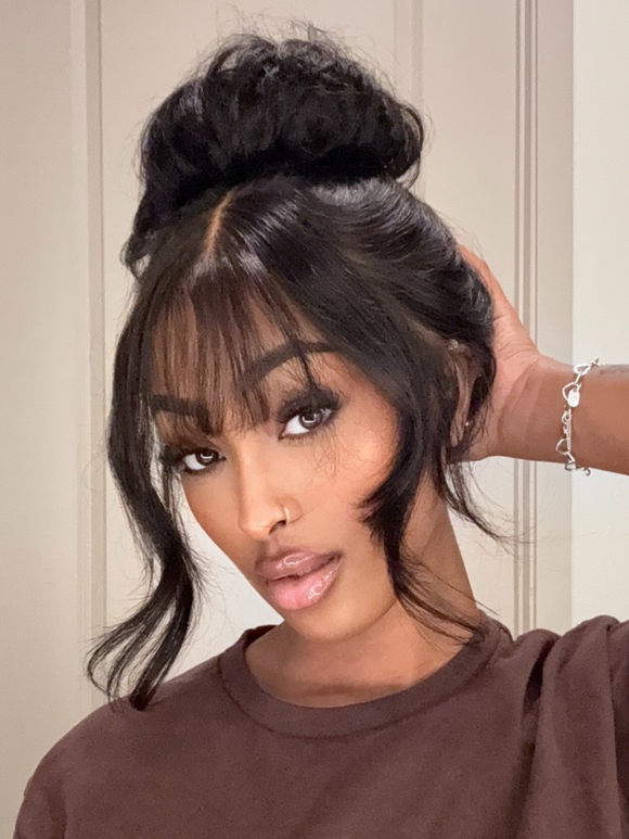 Klaiyi 7x5 and 13x4 3D Fluffy Body Wave Lace Frontal Wig with Curtain Bangs & Layers Pre everything Put on and Go Human Hair Wigs