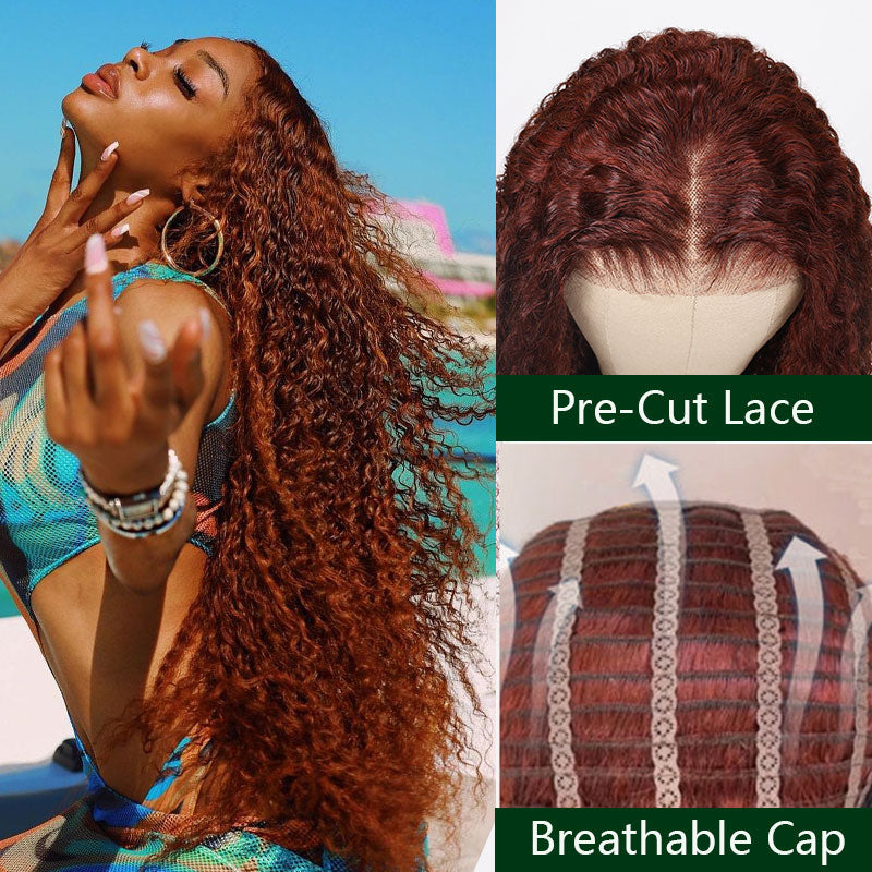 Klaiyi Pre-Cut Lace 200% Density Wig Wear & Go Reddish brown Jerry Curly Wig with Breathable Cap