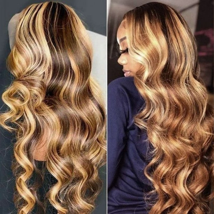 Klaiyi 7x5 Pre-cut Glueless Wig Put On and Go Highlight Blonde Body Wave Bleach Knots Wig Human Hair