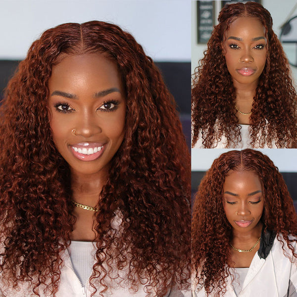 Klaiyi 7x5 Pre-Cut Lace Wig Put On and Go Invisible Knots Reddish Brown Color Jerry Curly Flash Sale