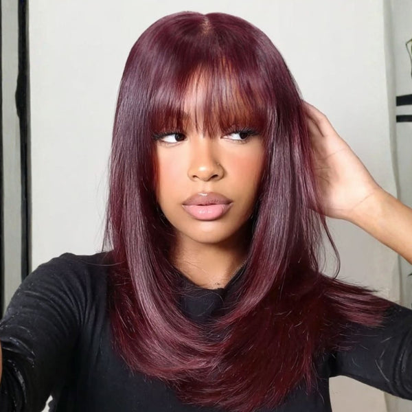 Klaiyi Black Cherry 7x5 Bye Bye Knots Layered Wolf Cut with Wispy Bangs Mid-length Sleek Bob Glueless Lace wig with Invisi Drawstring