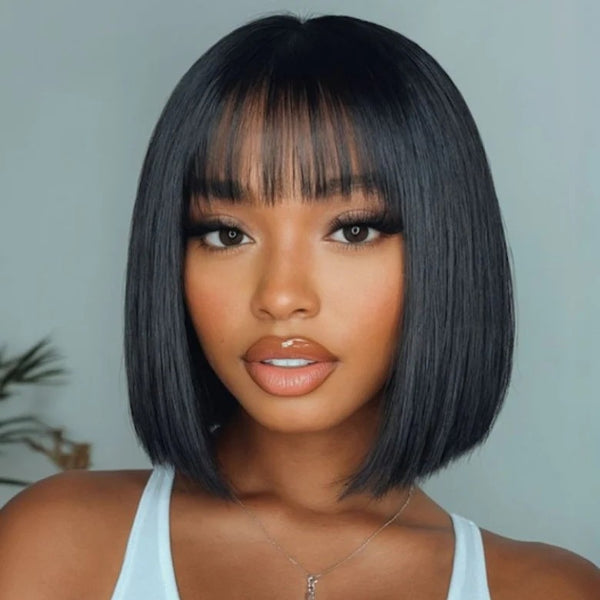 Klaiyi Straight Bob Wig With Blunt Cut Bangs Glueless Human Hair Wig Flash Sale