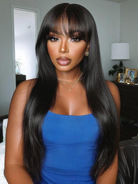 Klaiyi Yaki Straight Human Hair Glueless Wig with Blunt Cut Bangs Natural Black Color
