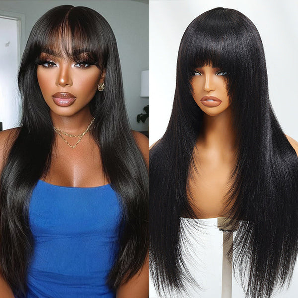 Extra 60% OFF | Klaiyi Straight Bob Wig And Yaki Straight Human Hair Glueless Wig With Blunt Cut Bangs Natural Black Color