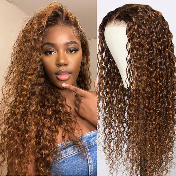 Klaiyi Ombre Highlight Piano Color Lace Front Wig Brown Golden Human Hair Water Wave