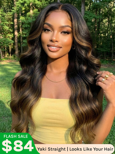 Klaiyi Ombre Chestnut Brown Yaki Straight Put On and Go Glueless Wig 7x5 Bye Bye Knots And 13x4 Lace Frontal Human Hair Wigs with Invisi Drawstring