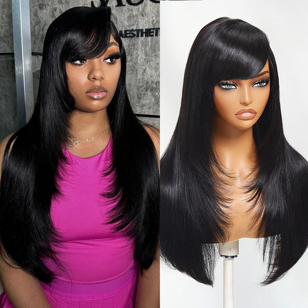 Klaiyi Layer Cut Silky Straight Wig with Side Part Swoop 13x4 Pre-Everything Lace Frontal Wig 180% Layer Cut Glueless Human Hair Wig