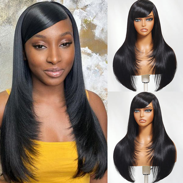 Klaiyi Layer Cut Silky Straight Wig with Side Part Swoop 13x4 Pre-Everything Lace Frontal Wig 180% Layer Cut Glueless Human Hair Wig
