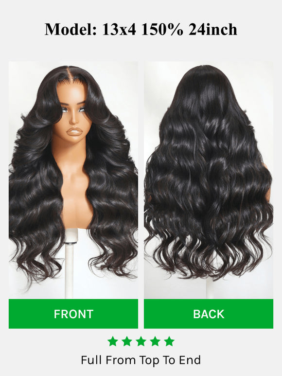 Klaiyi Hair HD Real Scalp™ Wig with Curtain Bangs 13x4 Invisible Lace Frontal Body Wave Wig Natural Black Color