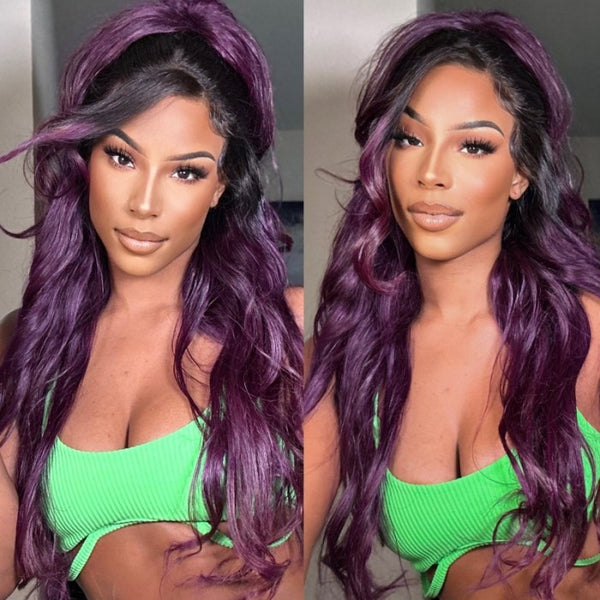 Klaiyi Smokey Deep Purple Ombre 13x4 Lace Front Body Wave Wig