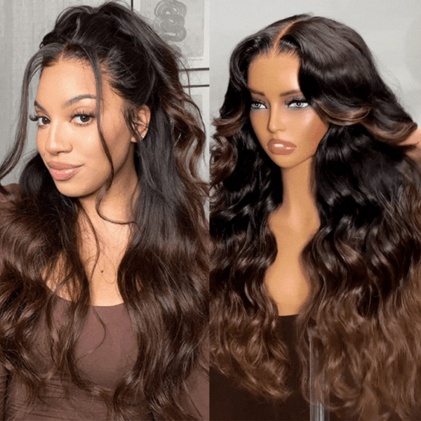 Klaiyi Bye Bye Knots Wig 7x5 Glueless Lace Black to Chestnut Brown Ombre Loose Wave Wig With Bleached Knots Flash Sale