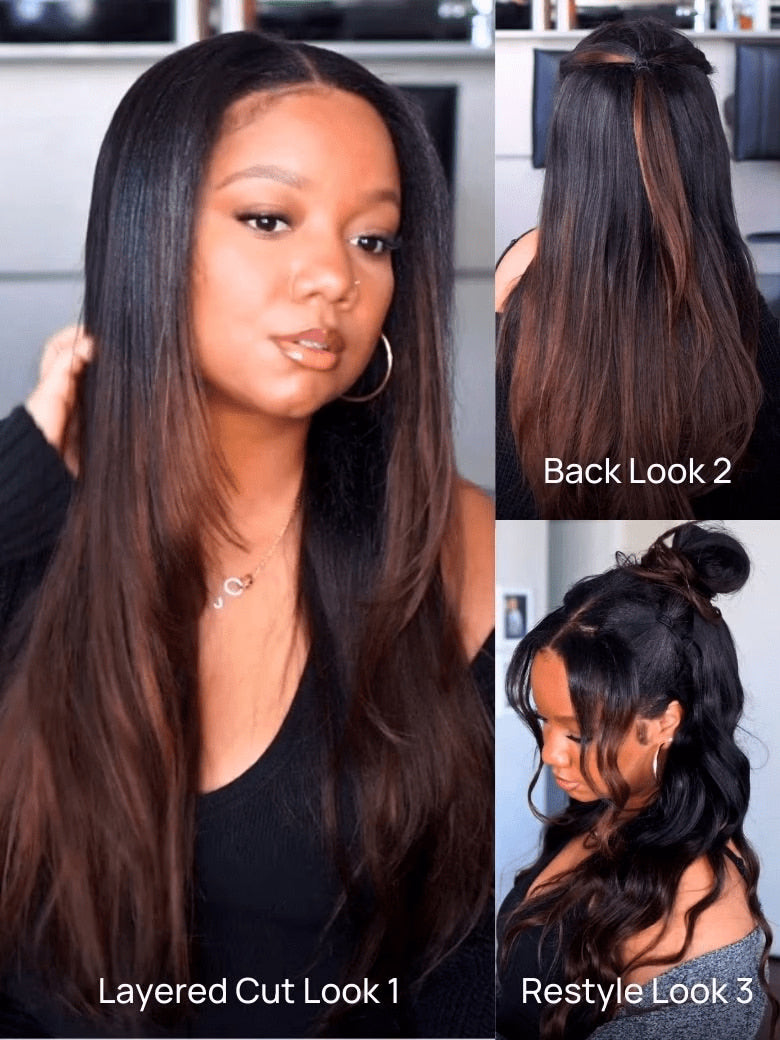 $100 OFF | Code:SAVE100 Klaiyi Ombre Chestnut Brown Color Yaki Straight EasiContour V Part Wigs Human Hair Clip in No Sew in No Glue Wig
