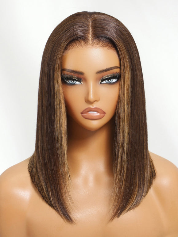 Code promo : HALF50 -50 % | Perruque Klaiyi Mocha Brown Highlight Bob avec mèches caramel 7x5 Bye-Bye Knots 
