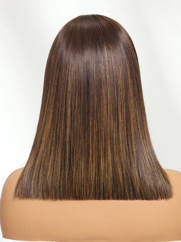 Extra 50% OFF Code:HALF50 | Klaiyi Mocha Brown Highlight Bob Wig with Caramel Highlights 7x5 Bye-Bye Knots Wig