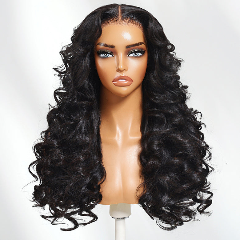 Klaiyi Big Bouncy Curl Wig with Side Part Loose Wave Layers 13x4 Pre-Everything Full Lace Frontal Wig