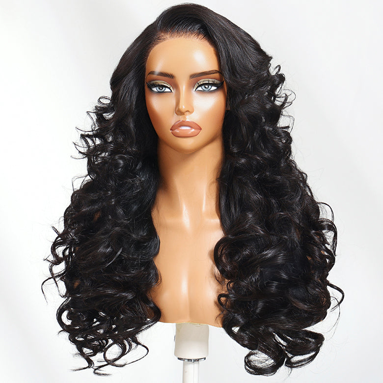 Klaiyi Big Bouncy Curl Wig with Side Part Loose Wave Layers 13x4 Pre-Everything Full Lace Frontal Wig
