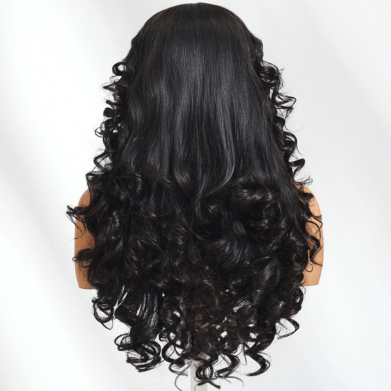 Klaiyi Big Bouncy Curl Wig with Side Part Loose Wave Layers 13x4 Pre-Everything Full Lace Frontal Wig